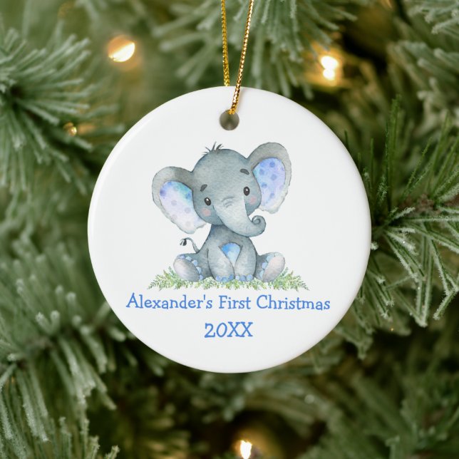 Adorno De Cerámica Bebé primera acuarela de Navidad Elefante Azul (Árbol)