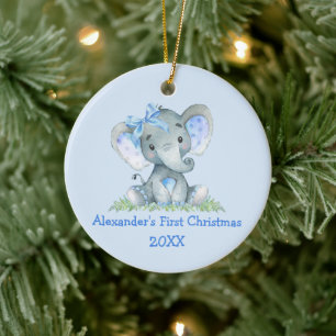 Adorno De Cerámica Bebé primera acuarela de Navidad Elephant Blue Bow