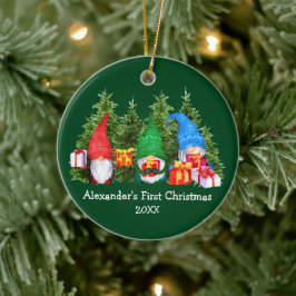 Adorno De Cerámica Bebé primera acuarela navideña gnomes verde