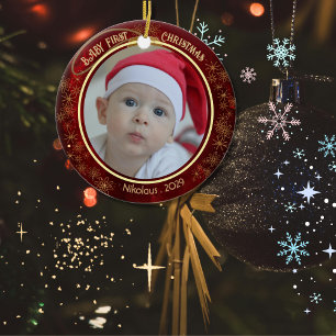 Adorno De Cerámica Bebé primera foto de Navidad Rojo 2 lados