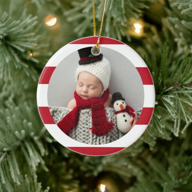 Adorno De Cerámica Bebé primera Navidad Moderno de las franjas rojas  (Árbol)