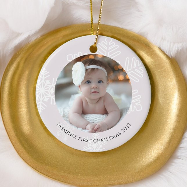 Adorno De Cerámica Bebé Primera Navidad Moderno Snowflakes Photo (cute snowflake pastel pink photo babys first christmas ornament)