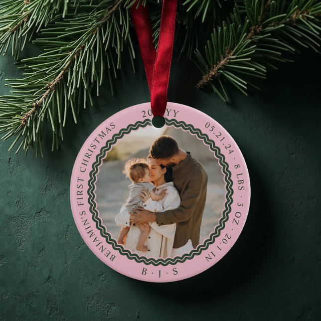 Adorno De Cerámica Bebé primera ola navideña moderna mínima 2 foto (Baby First Christmas Wavy Modern Minimal 2 Photo Pink Ceramic Ornament)