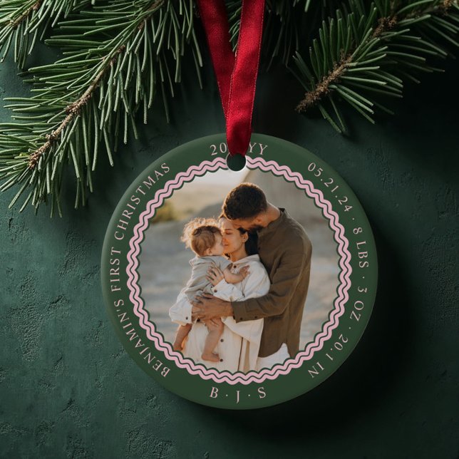 Adorno De Cerámica Bebé primera ola navideña moderna mínima 2 foto (Baby First Christmas Wavy Modern Minimal 2 Photo Green Ceramic Ornament)