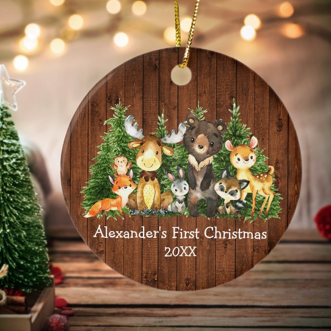 Adorno De Cerámica Bebé primera ronda de animales del bosque navideño (Customize with name and year.)