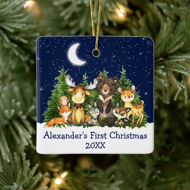 Adorno De Cerámica Bebé primero animales de la selva navideña azul (Árbol)