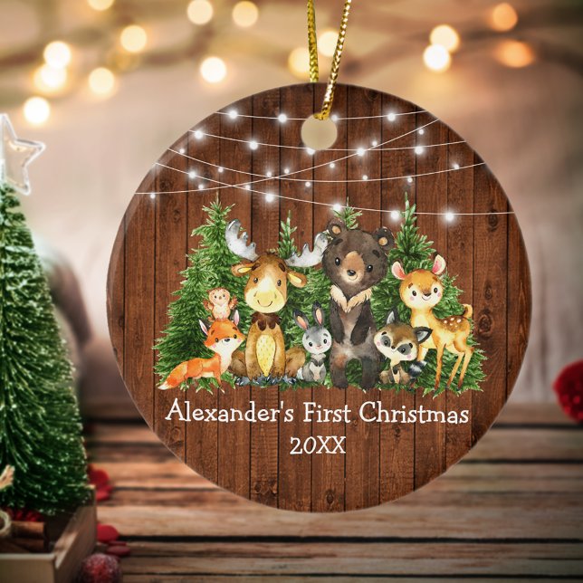 Adorno De Cerámica Bebé Primero Animales del Bosque de Navidad Encend (Customize with name and year.)