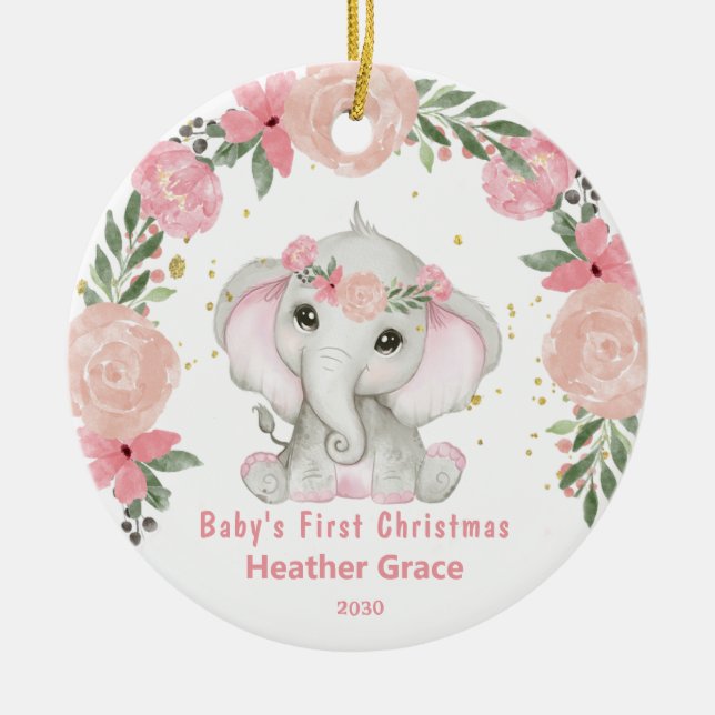 Adorno De Cerámica Bebé primero Chicas de Navidad Elefante Personaliz (Frente)