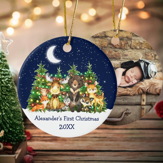 Adorno De Cerámica Bebé primero en el bosque navideño Animales ilumin (Customize with name, year and photo on back.)