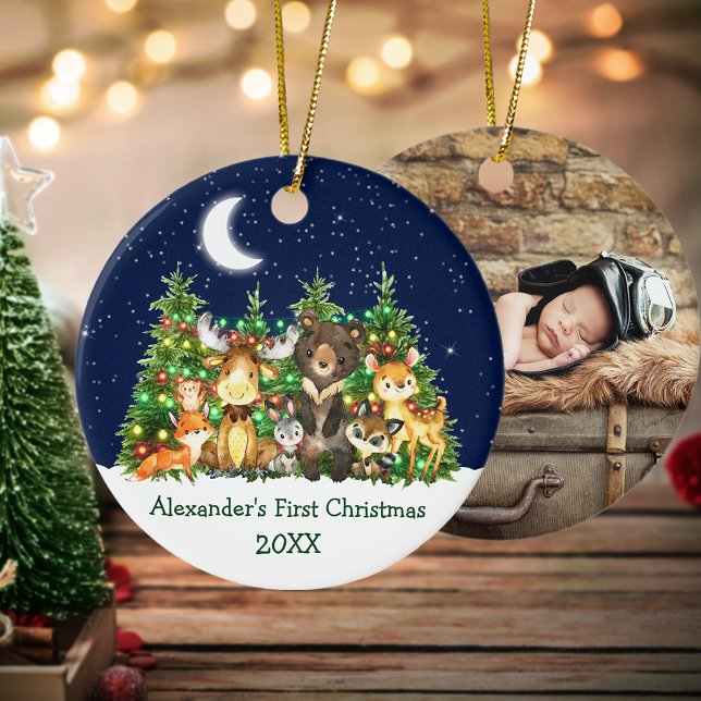 Adorno De Cerámica Bebé Primero Luces de Navidad Animales Forestales  (Customize with name, year and photo on back.)