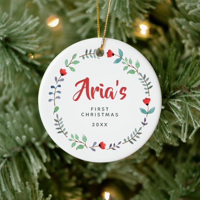 Adorno De Cerámica Bebé Sencilla Primera Navidad Wreath Red Floral (Árbol)