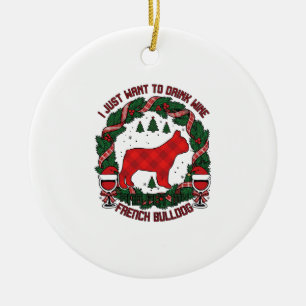 Adorno De Cerámica Bebe Vino Bulldog Francés Perro Cuadro Rojo Navida