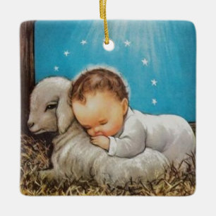 Adorno De Cerámica Bebé Vintage Jesús Dormido Con Un Cordero