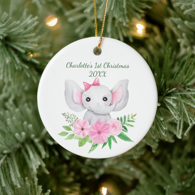 Adorno De Cerámica Bebés 1 Navidades Elefante Rosa Floral Verde (Árbol)