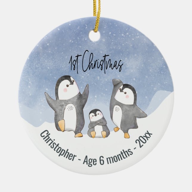 Adorno De Cerámica Bebés de pingüinos pequeños primera Navidad (Frente)