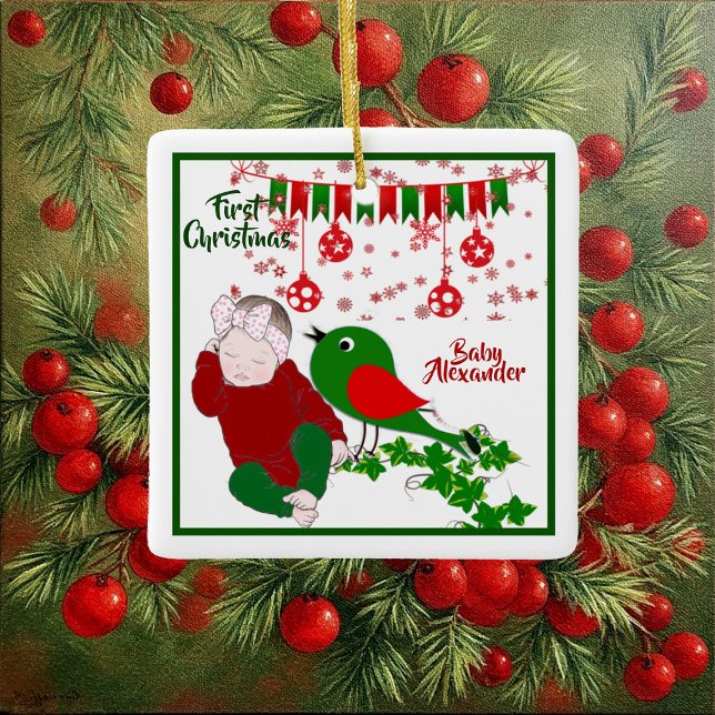 Adorno De Cerámica Bebés durmientes Primer arte navideño Chirping Bir (Sleeping Babys First Christmas Art Chirping Birdie Ceramic Ornament)