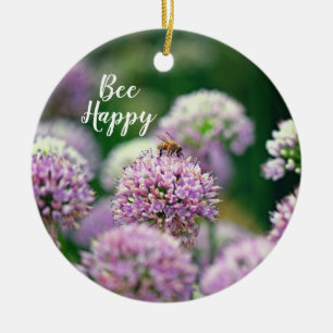 Adorno De Cerámica Bee Happy Anniversary w/ Purple Allium Flower