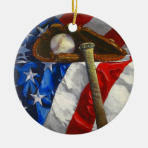 Adorno De Cerámica Béisbol, guante, palo y bandera americana