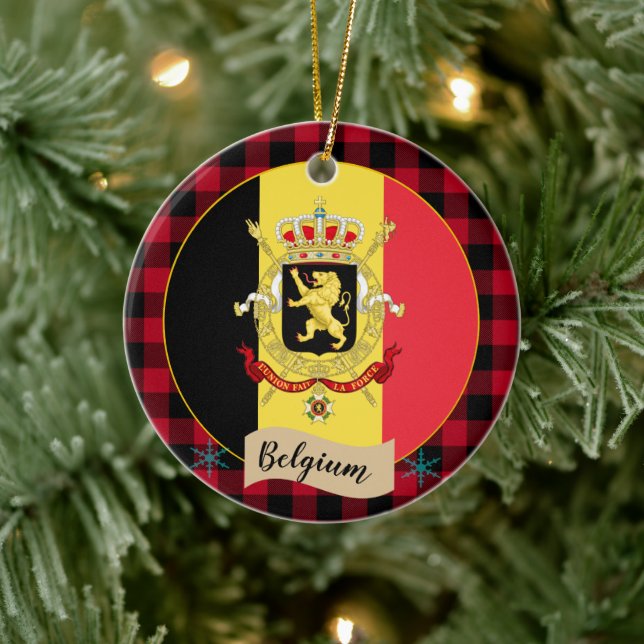 Adorno De Cerámica Bélgica, manta roja de búfalo y bandera belga (Árbol)