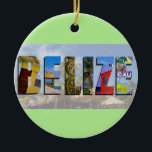 Adorno De Cerámica Belice Tropical Beach Blue Ocean Travel Fotos<br><div class="desc">Muestra a todos tu amor por el país de Belice con este divertido ornamento que contiene vistas de Ambergris Caye, Caye Caulker y ruinas mayas. Se impone un magnífico colaje de colores sobre una zona de playa de un complejo tropical. Puede cambiar el color de fondo del adorno para que...</div>