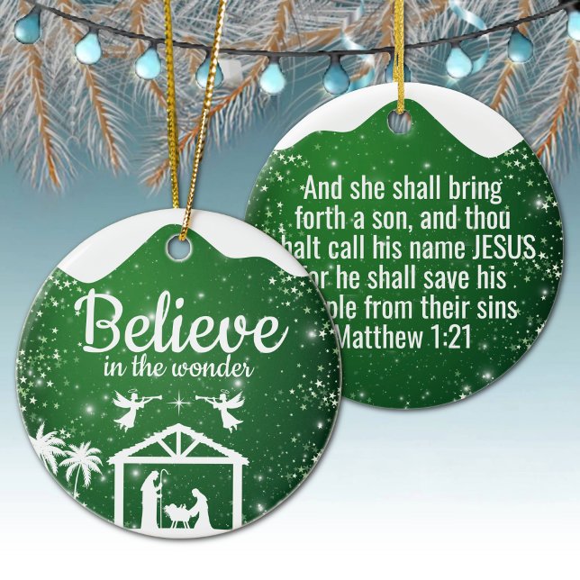 Adorno De Cerámica Believe in the wonder Manger Divine Passage ⛪️ 🎄 (Believe in the wonder, Religious Holiday Ceramic Ornament with green star sparkle, Nativity Scene ✞)
