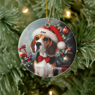 Adorno De Cerámica Bella Beagle con Santa Hat