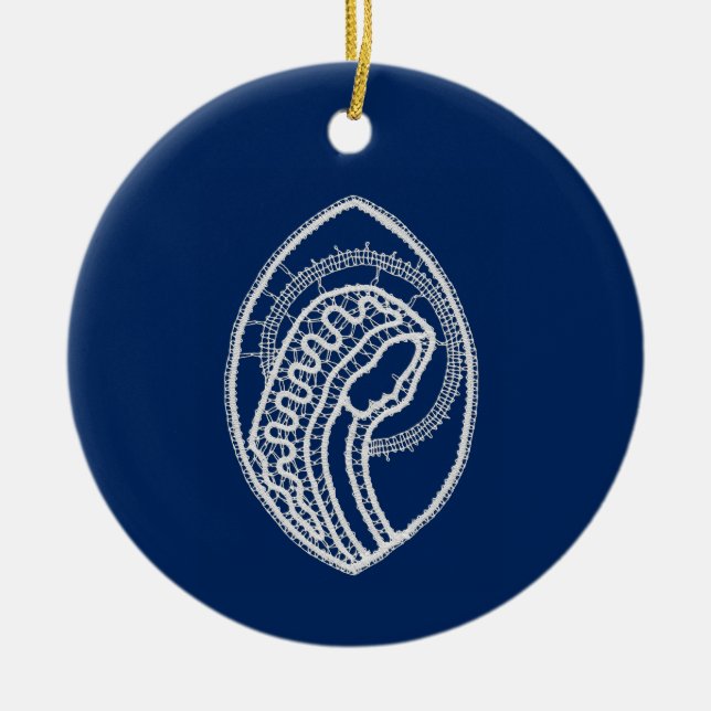Adorno De Cerámica Bendita Virgen María, encaje blanco, azul marino (Frente)