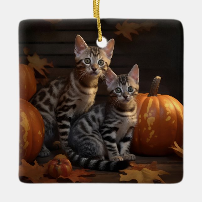Adorno De Cerámica Bengal Kitten Calabaza deslumbrante otoño (Anverso)