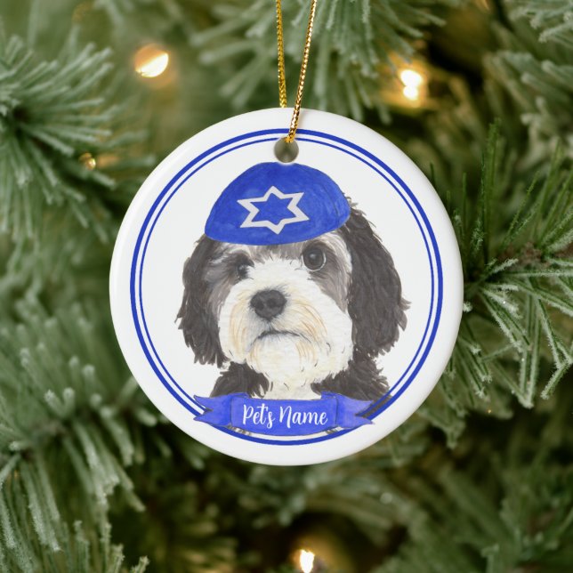 Adorno De Cerámica Bernedoodle Hanukkah Yarmulke Blue (Árbol)