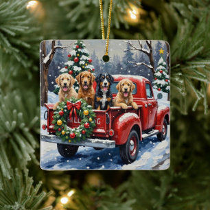 Adorno De Cerámica Bernedoodle Navidad Camión Rojo Fiesta