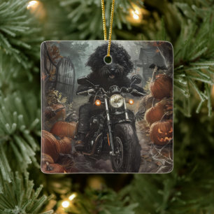 Adorno De Cerámica Bernedoodle Riding Motorcycle Halloween Scary