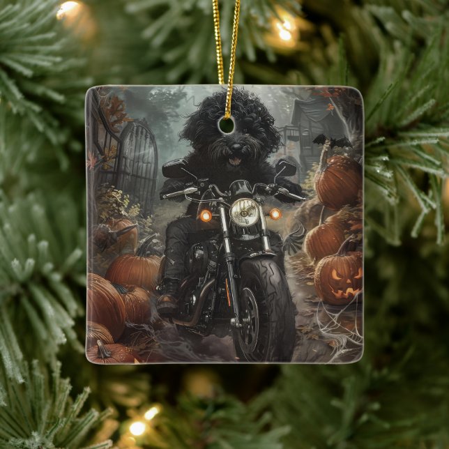 Adorno De Cerámica Bernedoodle Riding Motorcycle Halloween Scary (Árbol)