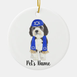 Adorno De Cerámica Bernedoodle Yarmulke Hanukkah Blue