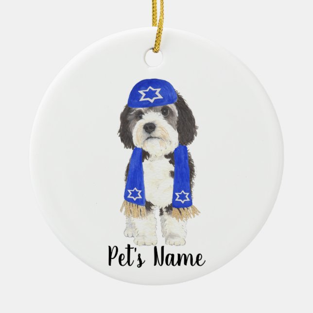 Adorno De Cerámica Bernedoodle Yarmulke Hanukkah Blue (Frente)