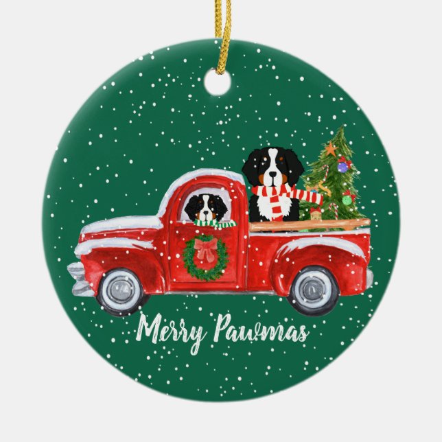 Adorno De Cerámica Berner Perro Camión Rojo Navidades Personalizados (Frente)