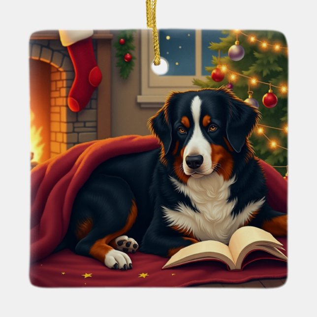Adorno De Cerámica Bernese Mountain Dog Christmas Bedtime Story (Anverso)