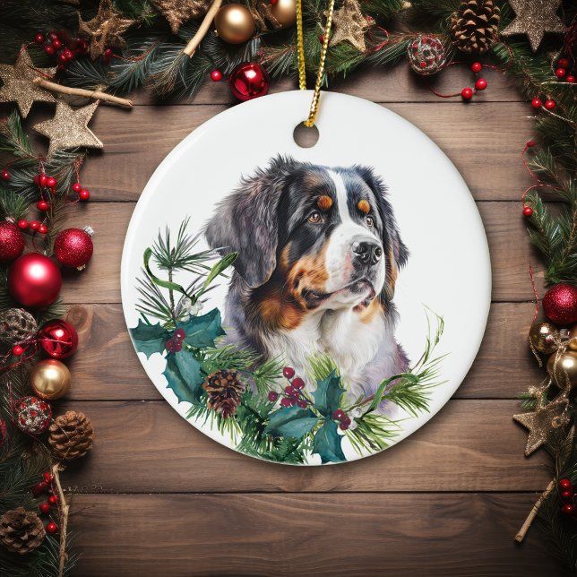 Adorno De Cerámica Bernese Mountain Dog Retrait Holly Wreath (Subido por el creador)