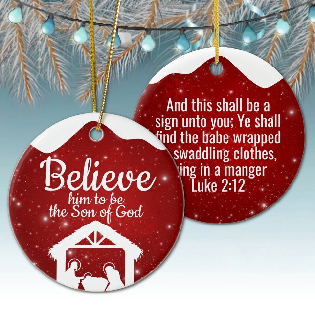 Adorno De Cerámica Berry Red Sparkle Winter Wonderland Worship ⛪️ 🎄 (nativity scene bible verse design snowfall background
religious holiday decor
customizable luke 2 12)