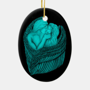Adorno De Cerámica Besada de ángeles , diseño negro y verde