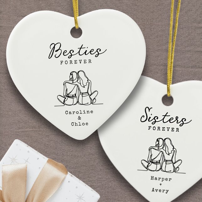 Adorno De Cerámica Best Friend Line Art Personalized Names Keepsake (Best Friend Ornament Personalized Custom Names Friendship Gift Minimalist Line Art Sisters Ornament)