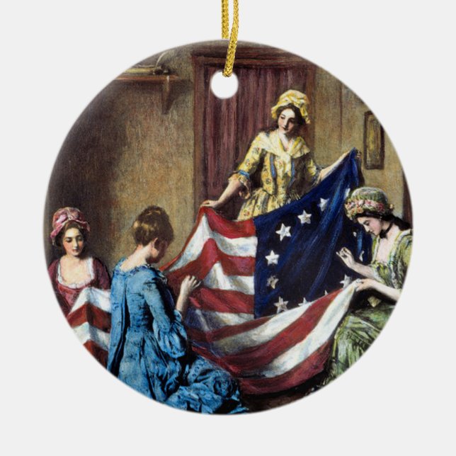 Adorno De Cerámica Betsy Ross Cosechando la bandera estadounidense (Frente)