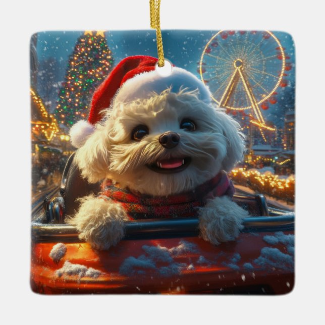 Adorno De Cerámica Bichon Frise Dog Roller Navidades de Pascua (Anverso)