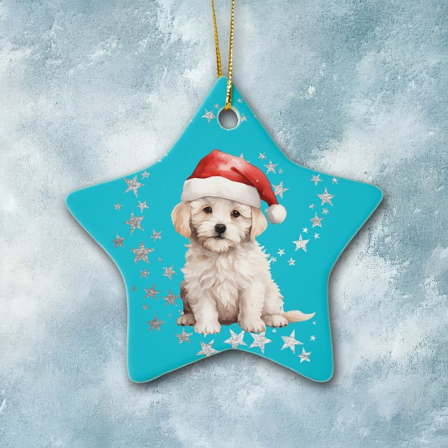 Adorno De Cerámica Bichon Frise Dog Silver Stars Blue Navidades (Subido por el creador)