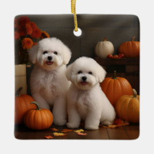 Adorno De Cerámica Bichon Frise Puppy Calabaza deslumbrante de otoño