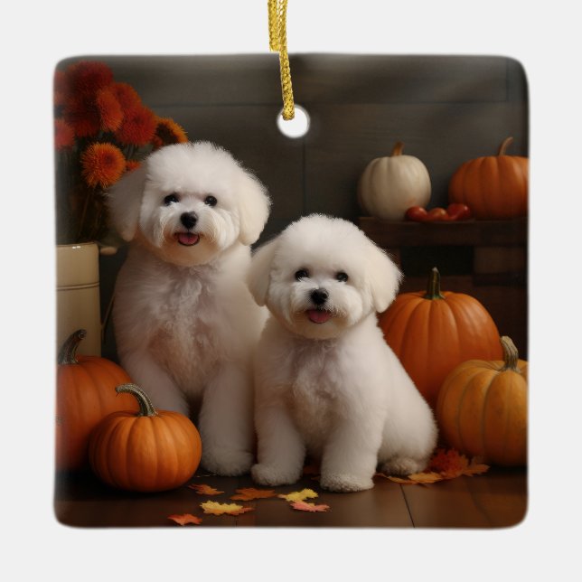 Adorno De Cerámica Bichon Frise Puppy Calabaza deslumbrante de otoño (Anverso)