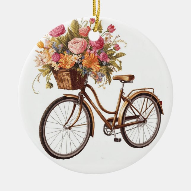 Adorno De Cerámica Bicicleta dorada con cosecha de flores (Frente)