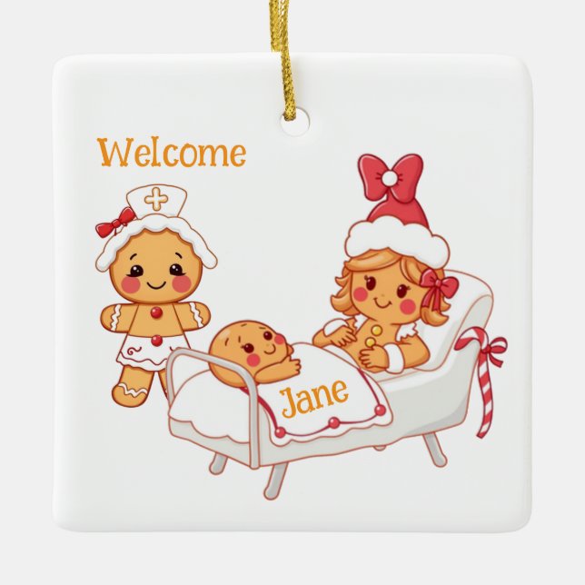 Adorno De Cerámica Bienvenida personalizada Nuevo bebé de Gingerbread (Anverso)