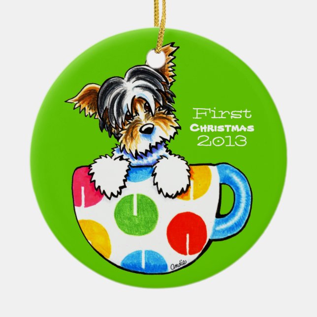 Adorno De Cerámica Biewer Yorkie First Christmas Personalizado (Frente)