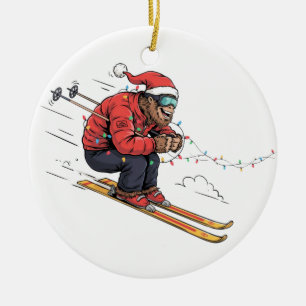 Adorno De Cerámica Bigfoot Sasquatch Esquiando Navidad Hielo Esquí
