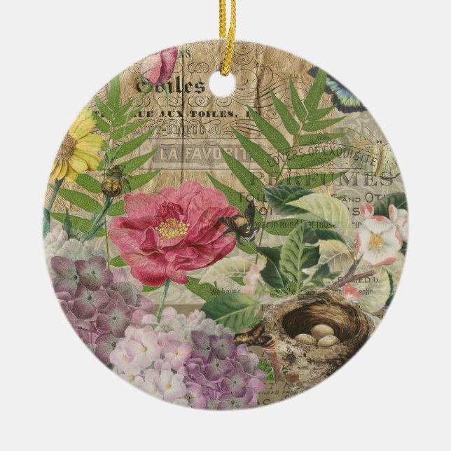 Adorno De Cerámica Bird Nest Floral Jardín Flor Mariposa Arte (Frente)